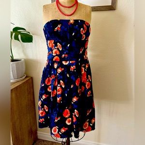Kay Unger Strapless Dress Blue Coral Floral Pockets Tropical Mexican Wedding